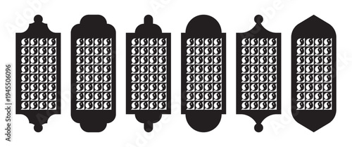 Decorative laser cut panels inspired by Arabic window shutters with swirl pattern. Vector templates for CNC cutting, stencil designs, mashrabiya screens and decorative wall panels.