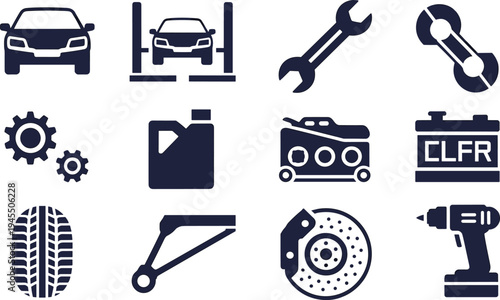 Vector illustration of 12 automotive repair and maintenance icons including car, engine, battery, gears, tools, and parts, modern silhouette design for vehicle service, workshop, and mechanic themes.