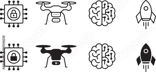 technology icon grid robotics drone ai rocket outline filled