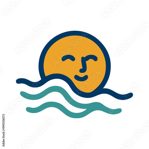 Logo agencia de viajes. Vacaciones de verano. Dibujo sencillo con líneas de un sol con cara sonriente con olas de mar