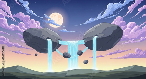 Enchanting fantasy landscape featuring mystical floating rock formations with a majestic waterfall cascading under a luminous moon and cloudy sky at dawn