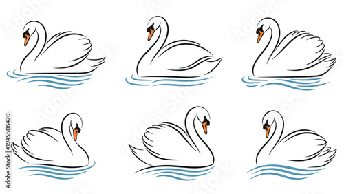 Elegant swan illustrations showing various graceful poses floating on blue water ripples in a minimalist style.
