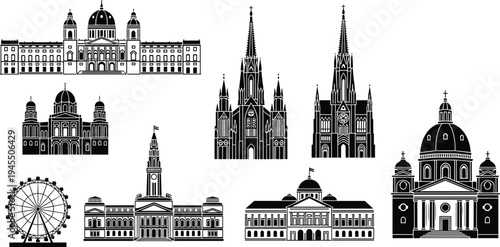 European landmark architecture silhouettes collection featuring historic churches, cathedrals, palaces and 