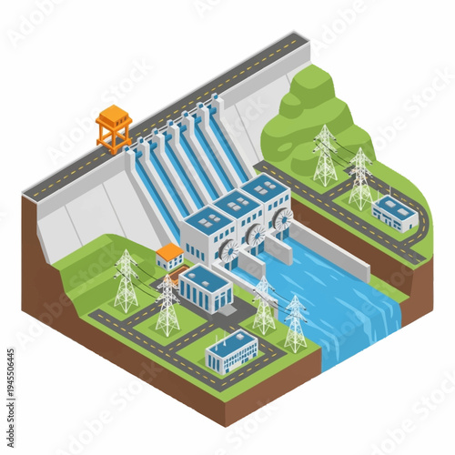 Isometric Hydroelectric Dam Generating Renewable Energy for Power Grid.