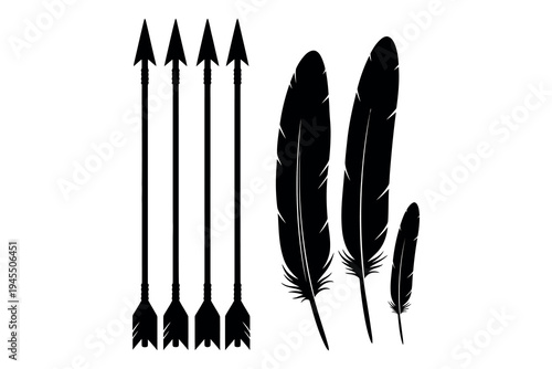 Black silhouettes of six arrows and three feathers on a white background