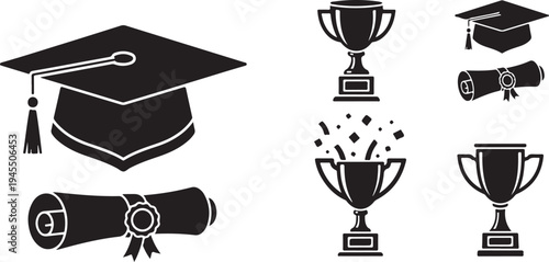Graduation icons including caps, diplomas, and trophies symbols