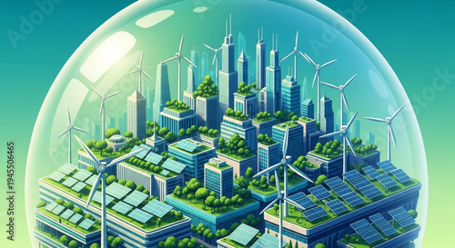 Eco-friendly green city with renewable energy sources under a glass dome