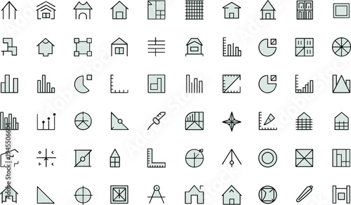 Vector grid of 56 architectural and design icons including buildings, charts, rulers, compasses, layouts, and measurement tools, minimalist black outline illustration for planning, urban design, and v
