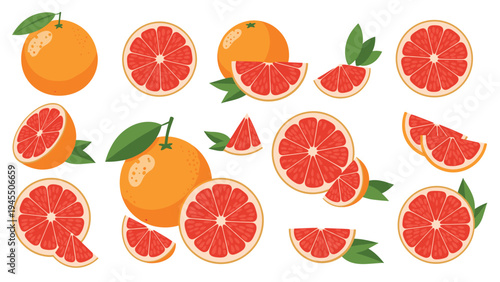 Vibrant grapefruit collection featuring whole fruit halves and various wedge slices with fresh green leaves.
