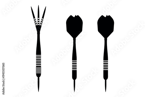 Three black darts with distinct flight designs on a white background