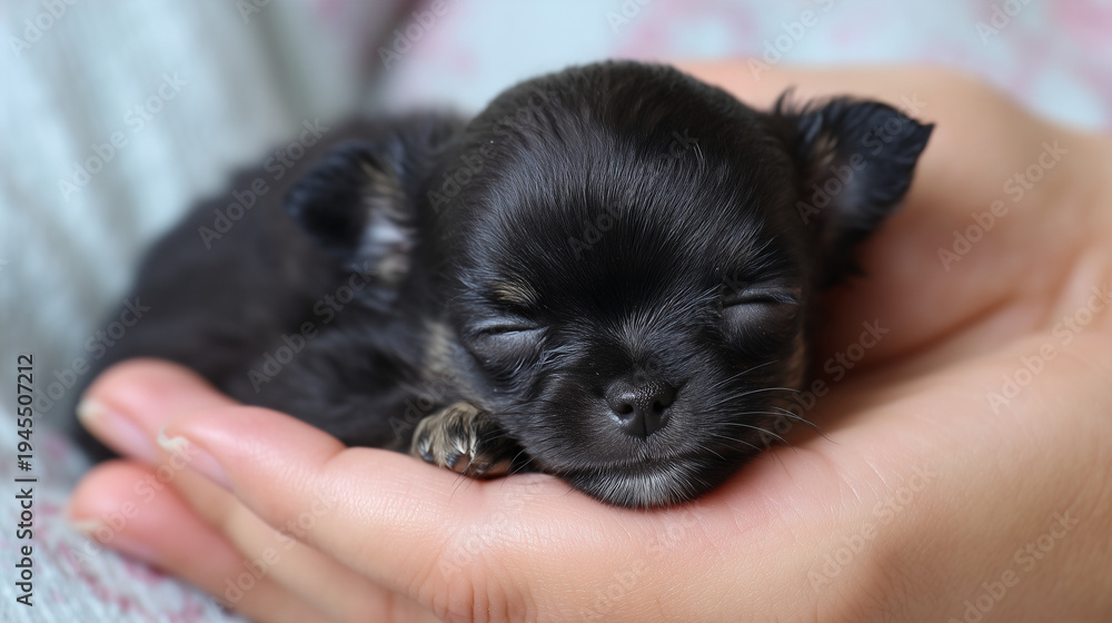 Obraz premium Tiny Chihuahua puppy sleeping in a hand with a cozy background