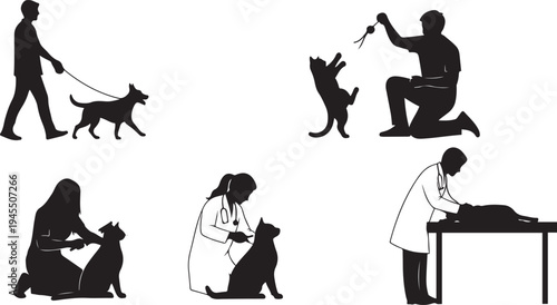 Veterinary Care and Pet Ownership Silhouette Collection Featuring Veterinarian Medical Exam, Dog Walking, Cat Playing, and Grooming Activities for Animal Welfare, Healthcare, and Domestic Lifestyle.
