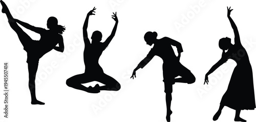 Female dancer silhouettes collection featuring ballet and contemporary dance poses, graceful movement vector illustration set isolated on white background
