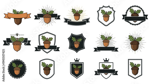 Diverse collection of acorn emblems and badges featuring oak leaves ribbons shields and dynamic sunburst patterns.