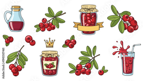 Cranberry themed set including jam jars fresh berries on branches a glass of juice and a beautiful golden crown.