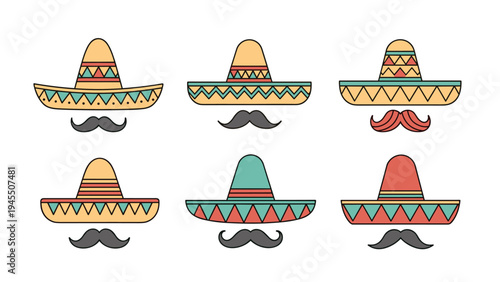 Festive mexican sombreros with diverse patterns and colors paired with different black and red mustache styles.