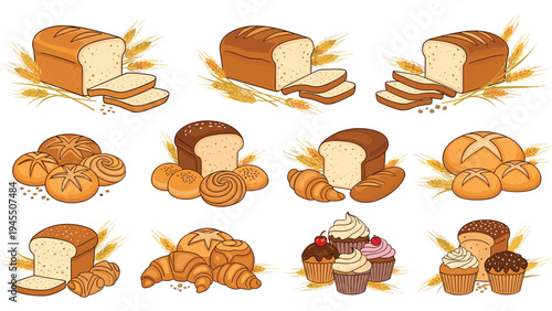Assorted bakery products including loaves of bread rolls croissants and cupcakes accompanied by ears of wheat.