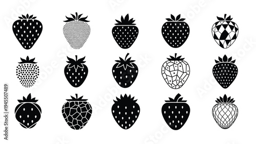 Large collection of stylized strawberry silhouettes featuring various internal textures geometric patterns and dots.