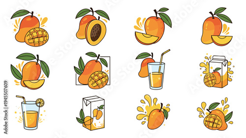 Mango fruit themed set featuring whole fruit slices glass of juice juice box and dynamic orange juice splashes.
