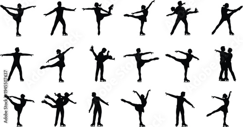 Figure skating silhouettes collection featuring ice skater spins, jumps and pair skating poses, winter sport vector illustration set isolated on white background