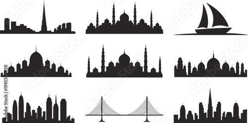 Vector silhouettes of global landmarks including mosques, skylines, suspension bridge, and sailboat, black architectural icons representing culture, religion, travel, tourism, urban design, and global