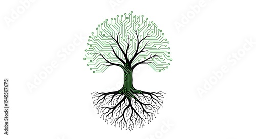 Minimalist circuit tree roots traces branches data lines green sustainable tech symbolism concept
