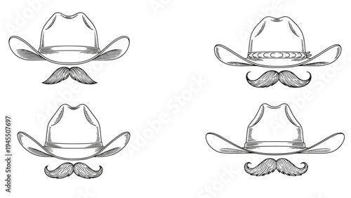 Classic cowboy hat and mustache pairings in a detailed black and white sketch style for rustic western themes.