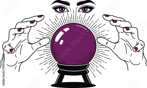 A mystical crystal ball on a stand with hands and eyes surrounding it isolated on white background