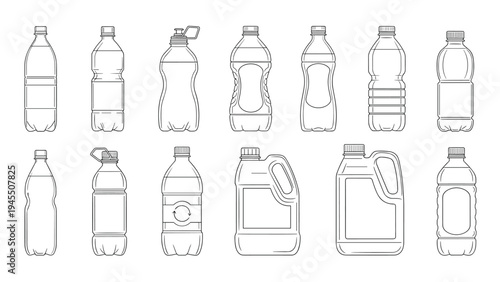 Comprehensive set of plastic bottle and container outlines for water juices and household liquids in line art.