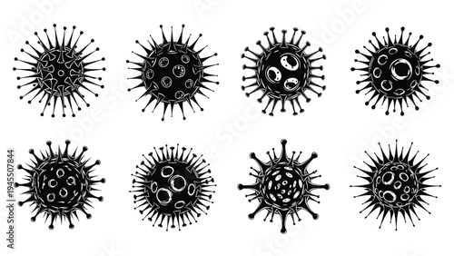 Detailed black and white sketches of various virus or bacteria cells showing intricate surface structures and spikes.