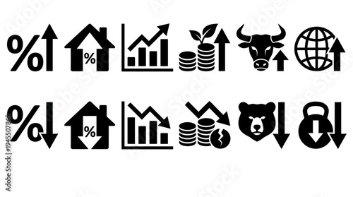 Financial icons collection, growth and decline, mortgage rates, global economy, charts, coins, credit card, calculator, analysis, business trends.
