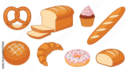 Colorful bakery product illustrations including fresh loaves of bread a pretzel a donut and a frosted cupcake.