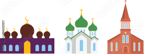 Vector illustration of mosque, Orthodox church, and Christian church architecture, colorful religious building icons representing faith diversity, cultural heritage, spirituality, worship, tradition, 