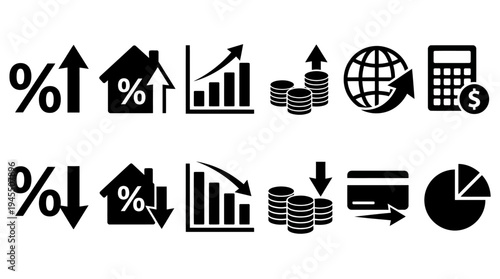 Financial icons collection, growth and decline, mortgage rates, global economy, charts, coins, credit card, calculator, analysis, business trends.