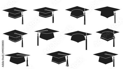 Graduation cap icons from multiple angles with tassels for academic achievement, university commencement, and education related symbols.