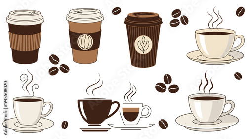 Coffee shop beverage elements featuring takeaway paper cups, ceramic mugs with steam, and roasted coffee beans for cafe menu design.