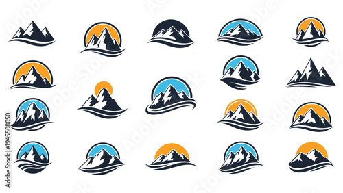 Modern mountain range logo collection with sun and water wave elements for outdoor adventure, hiking, and travel agency branding identities.