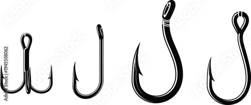 Fishing hook silhouettes collection featuring single and treble hooks for angling equipment, detailed tackle vector illustration set isolated on white background