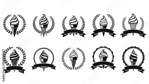 Ice cream shop emblem set with soft serve cones framed by laurel wreaths, ribbons, and circular borders for frozen dessert branding.