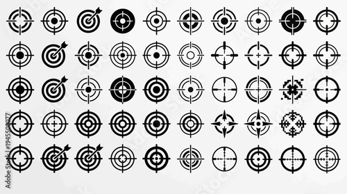 Target icons collection, crosshair designs, concentric circles, precision markers, geometric reticles, shooting sports, video game aim, accuracy, focus, symmetry.