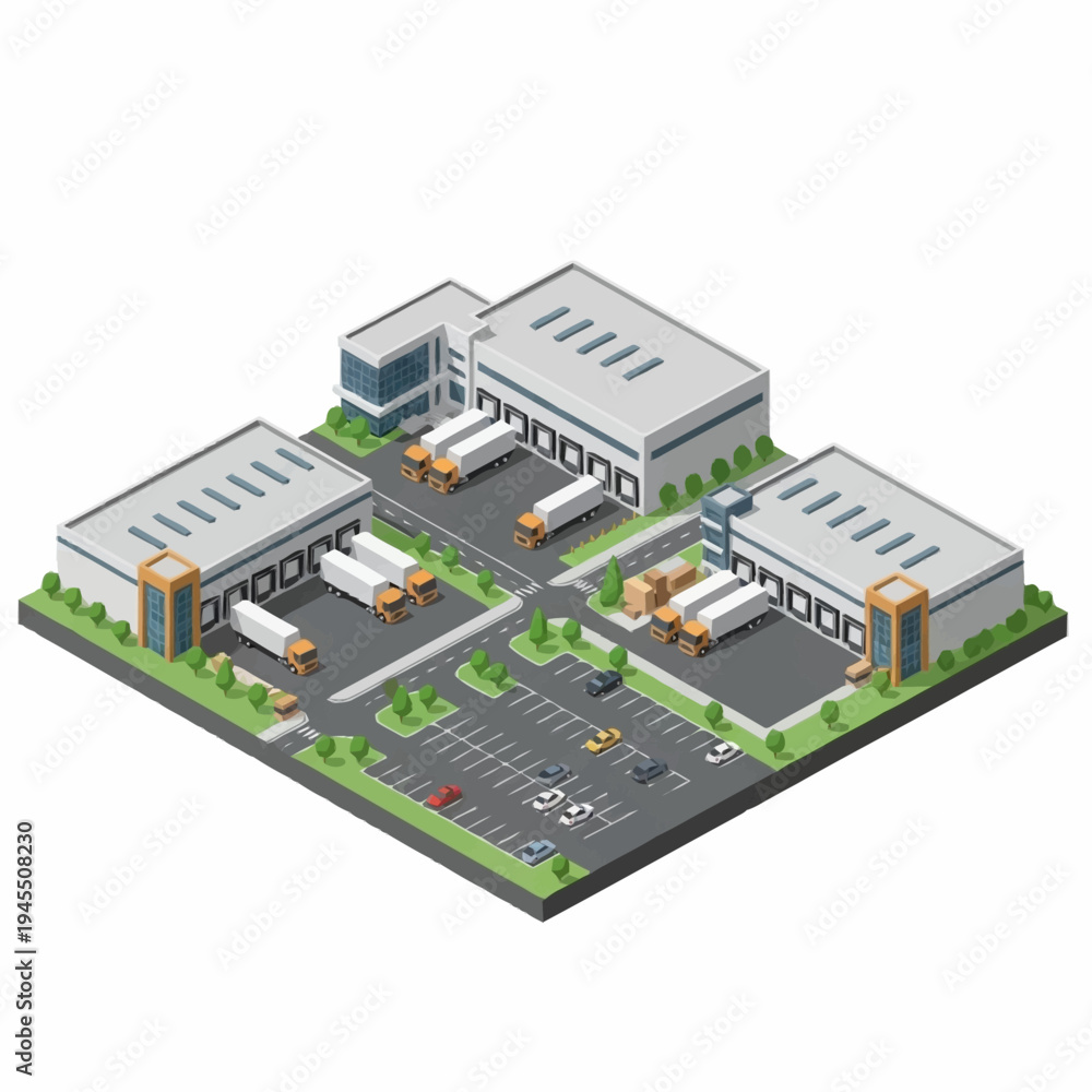 Obraz premium Isometric industrial park with warehouses and delivery trucks.