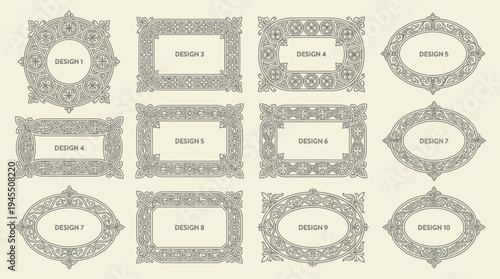 Ornate decorative frames collection, vintage flourishes, symmetrical borders, classical motifs, certificate design, invitation artistry, elegant craftsmanship, timeless decorative inspiration.