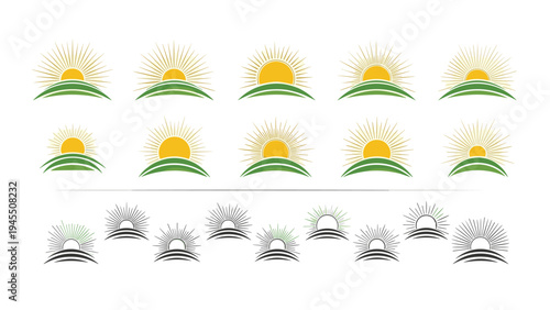 Sunrise landscape logo set depicting the sun rising over green hills and farm fields for eco friendly energy and morning theme concepts.