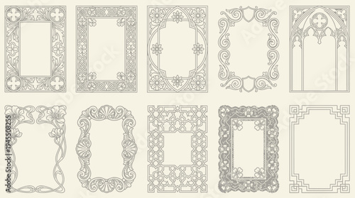 Vintage ornate frames collection, floral scrollwork, Gothic motifs, decorative borders, certificate design, invitation elegance, historical artistry, intricate craftsmanship.