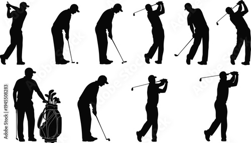 Golf player silhouettes collection featuring golfer swinging club, putting and driving poses, professional sport vector illustration set isolated on white background