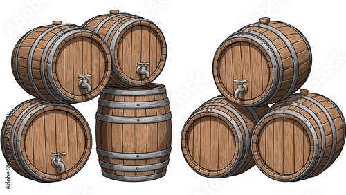 Traditional wooden barrels with metal hoops and taps for storing wine, beer, or cider in a rustic cellar or tavern environment illustrations.