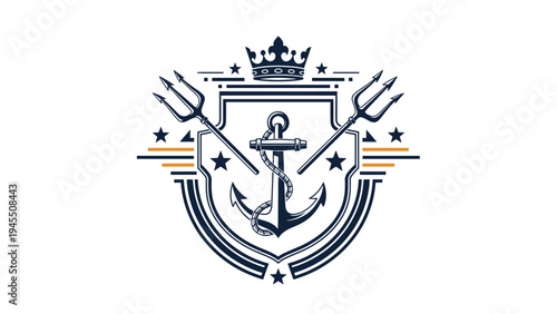 Nautical maritime crest featuring a center anchor with crossed tridents, crown, and stars for naval authority and ocean related branding.