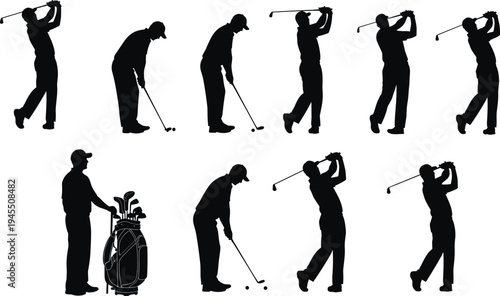 Golf player silhouettes collection showing golfer swinging club, putting and standing with golf bag, professional sport action poses vector set isolated on white background