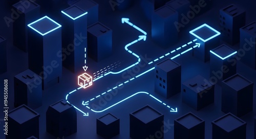 Neon outline drone delivery route over city blocks package icon descending urban logistics