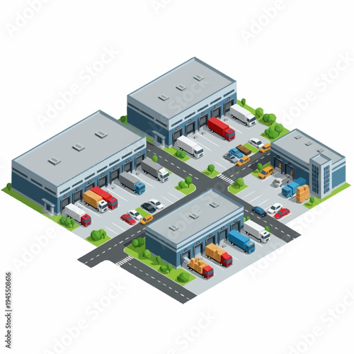 Isometric Logistics Hub with Warehouses and Delivery Trucks.